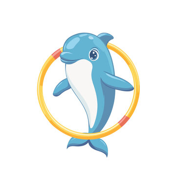 Cartoon Dolphin Leaping Through a Yellow and Orange Hula Hoop