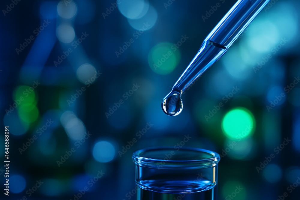 Aufkleber ai generated close up of a clear liquid droplet at the tip of a pipette with blurred blue and green 