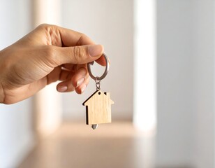 A hand holds a wooden house-shaped key chain