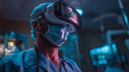 Healthcare professional using virtual reality glasses in a modern medical setting.