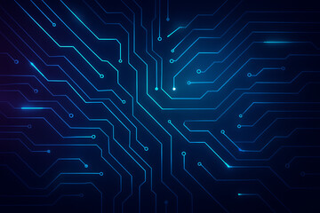 A high-resolution digital artwork featuring a futuristic neon blue circuit pattern over a dark gradient background. The design incorporates glowing cyberpunk-inspired elements, creating a high-tech an