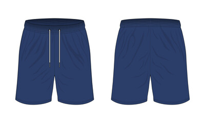 Illustration of navy blue sports shorts front and back view