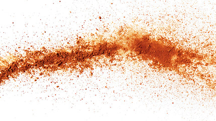 Line of scattered brown powder against a white background.