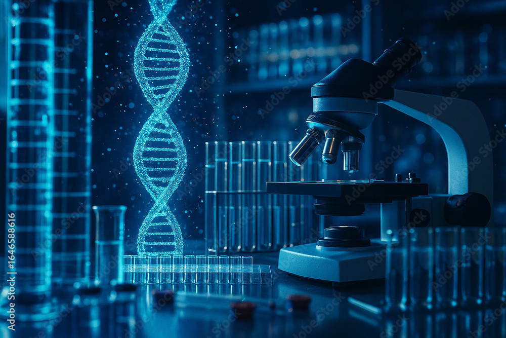Aufkleber ai generated microscope and test tubes in modern laboratory with glowing 3d dna helix and particle e