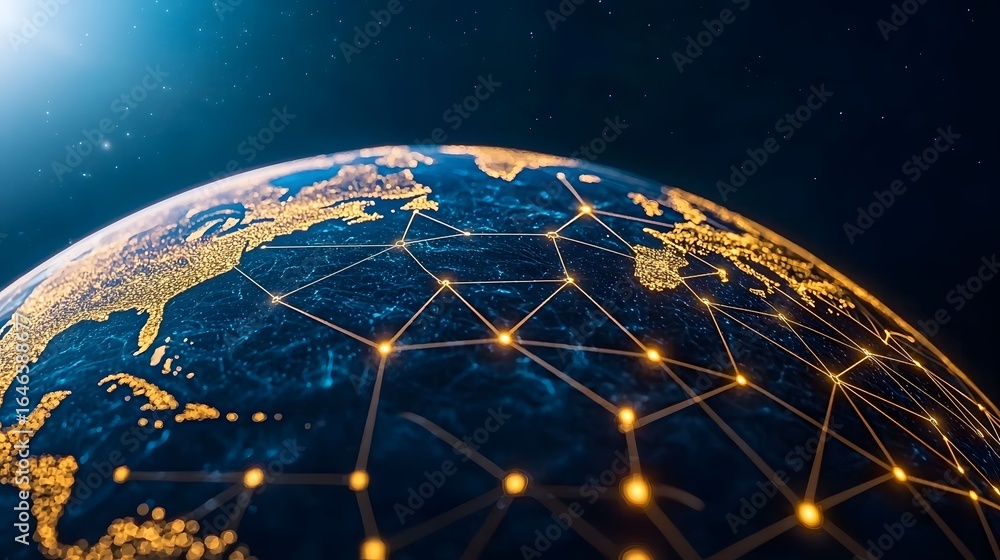 Poster this image features a digital representation of the earth with illuminated cities and interconnected