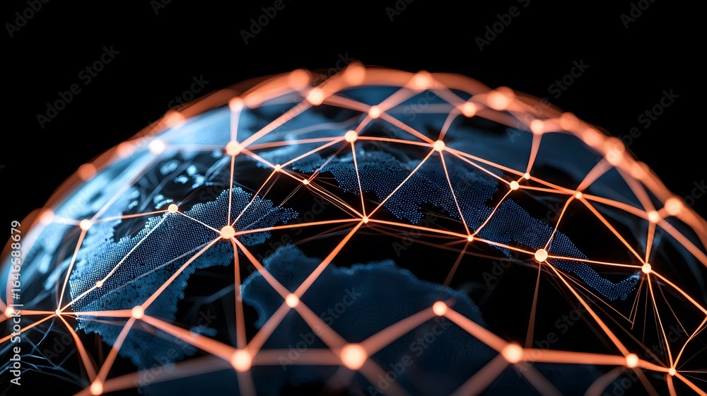 Poster the image features a blue globe with orange network connections, representing a concept like global 