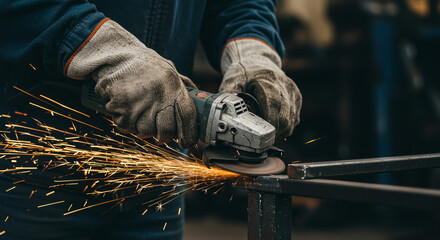 Welder grinding steel with sparks in industrial workshop, manufacturing and metalwork concept