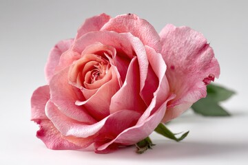 Fototapeta premium Enchanting Rose: Delicate layers of pink petals unfurl, a captivating close-up of a rose in full bloom, symbolizing love, beauty, and the ephemeral nature of life.– Generative AI