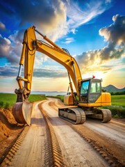 Construction machinery on rural road with yellow excavator and long arm working in dirt terrain