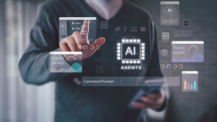 Man interacts with AI Agents on a futuristic virtual interface. He uses a command prompt to manage data and automation. Concept of generative AI and intelligent digital assistance.