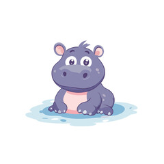 Fototapeta premium Cartoon Hippopotamus Sitting in Water with Large Eyes and Small Ears