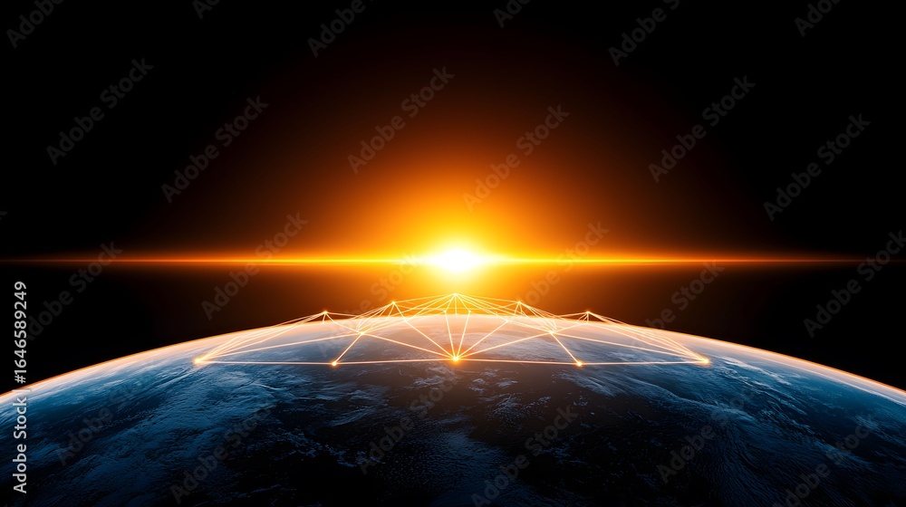 Poster the image depicts the earth with a network of glowing lines connecting points on the surface and a b