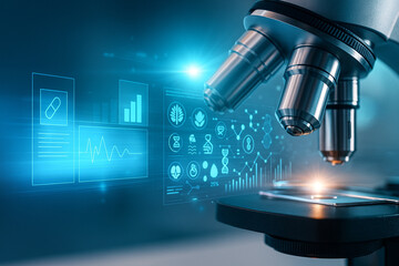 AI generated close up of microscope lens with glowing blue medical data interface overlay representing advanced science research technology and innovation