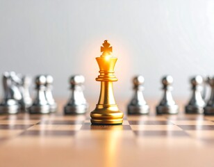 A golden chess king piece stands out among many silver pieces on a chessboard