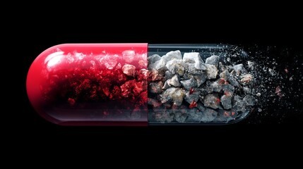 A striking red capsule filled with crushed rocks, symbolizing contrast and transformation.