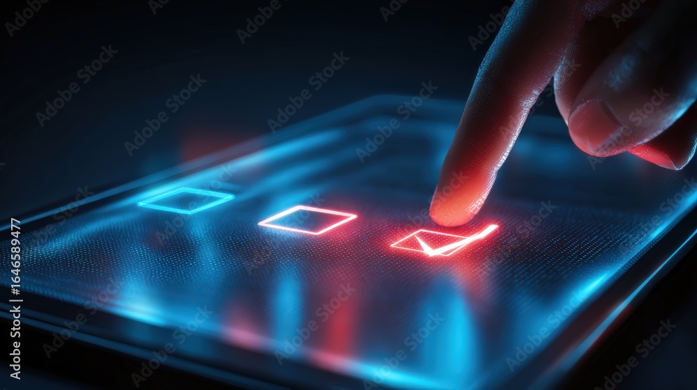 Poster digital interaction: a close-up shot captures a finger interacting with a glowing tablet screen, hig