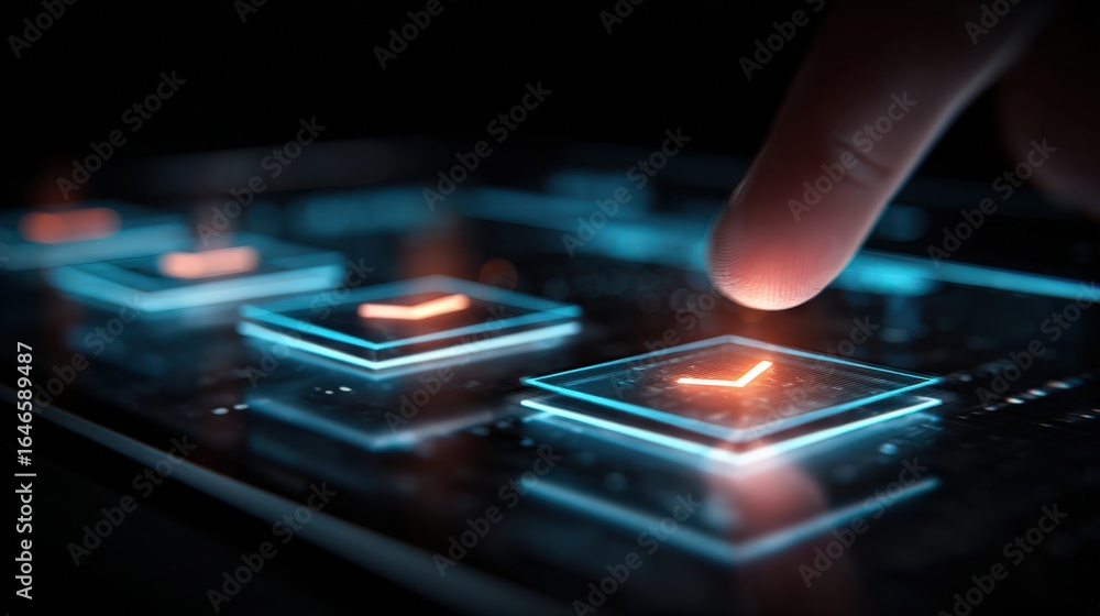 Fototapete digital touch: the image is an abstract portrayal of technology, highlighting a finger poised to int