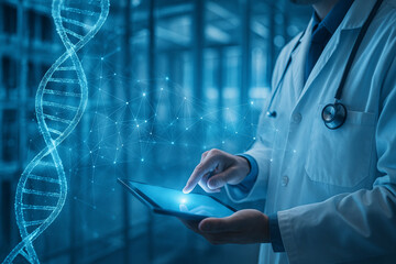 AI generated doctor in lab coat using tablet with holographic DNA helix and digital network connections representing advanced genetic data analysis in biotechnology research