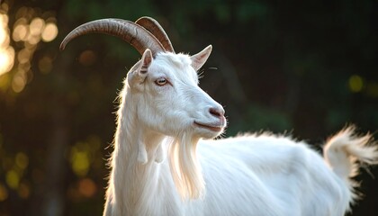 White goat in sunlit forest