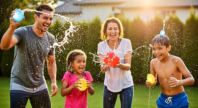 Joyful multi ethnic family with two children having a fun water balloon fight in a sunny backyard on a warm summer day