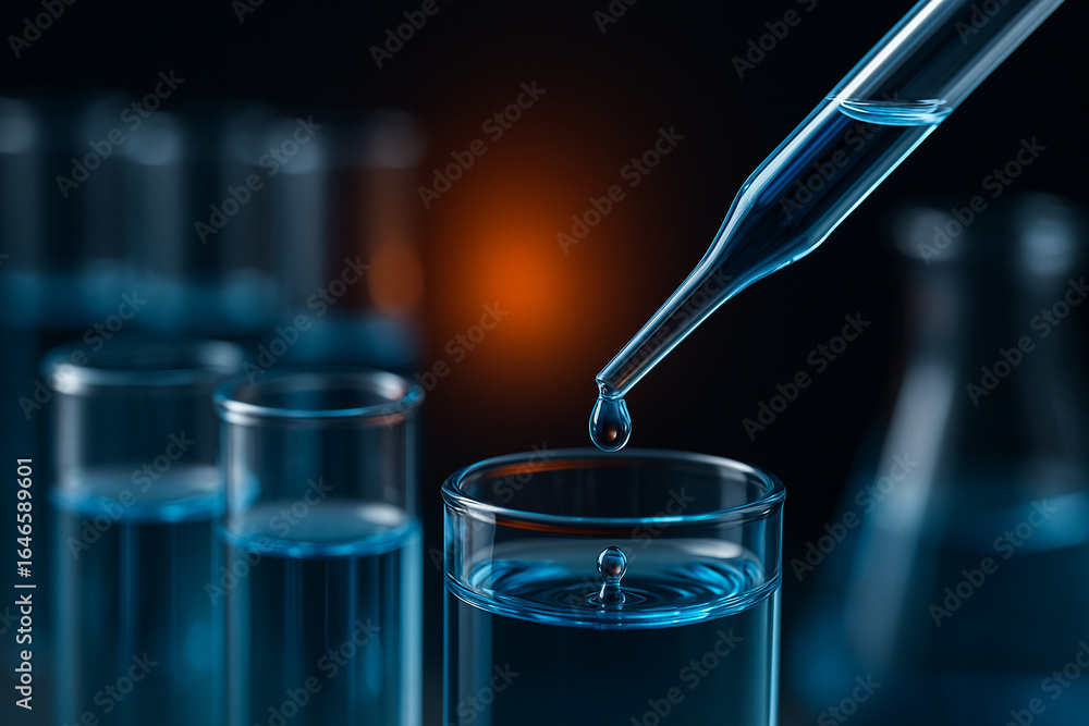 Aufkleber ai generated macro view of a pipette about to drop blue liquid into a glass test tube with bokeh lab