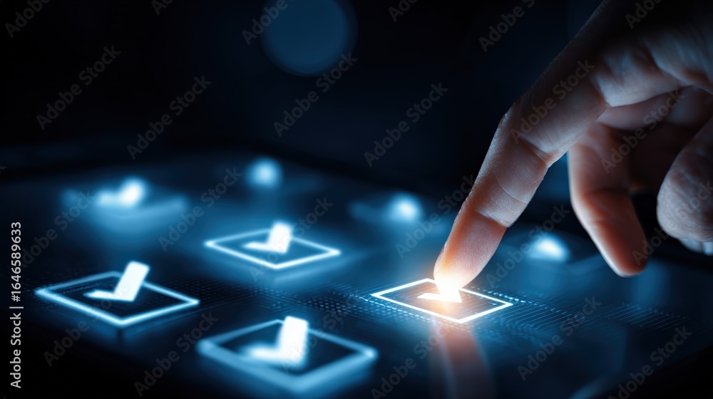 Poster digital selection: a close-up image capturing a finger poised over an illuminated touch screen, high