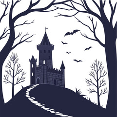 Obraz premium Silhouette of a castle on a hill with bats flying and trees framing the scene in a spooky atmosphere