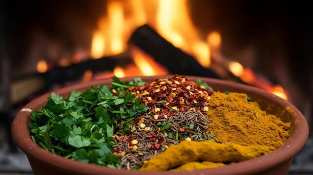 Aromatic spices in a bowl with a warm fire in the background, cozy cooking.