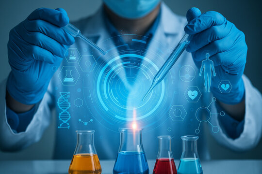 AI generated image of a scientist using a pipette with holographic molecular data overlay symbolizing modern biotechnology research and advanced medical innovation