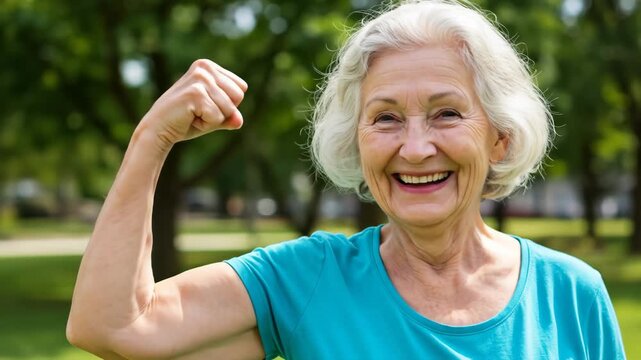 Smiling senior woman flexing her arm, showing strength and vitality outdoors.