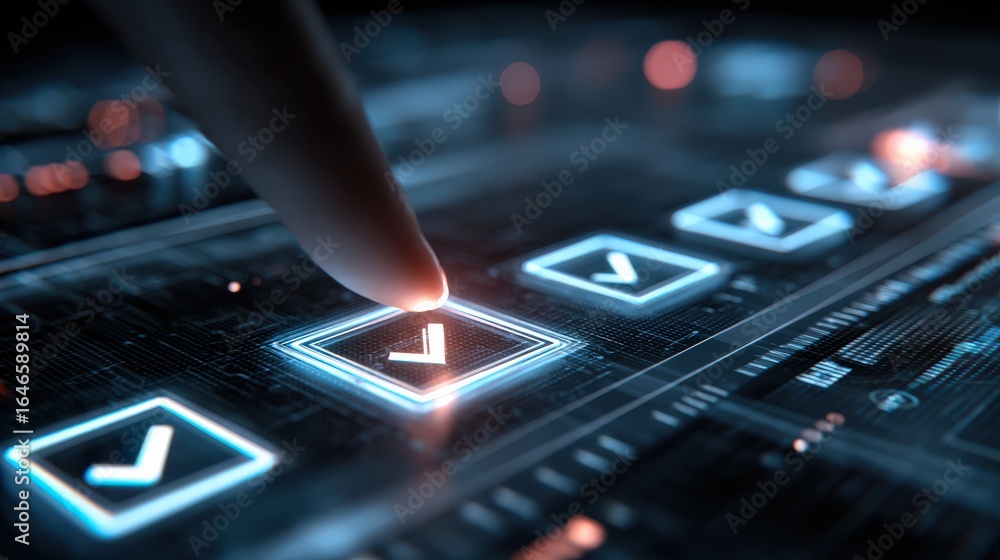 Poster digital decision: a close-up shot showcasing a finger decisively selecting an option on a futuristic