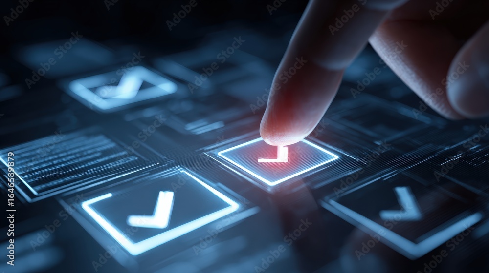 Poster digital selection: a close-up perspective highlights a finger delicately selecting a digital checkma