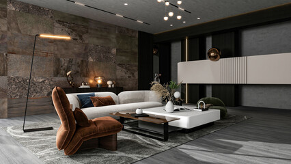 Modern Luxury Living Room Interior with Panoramic Window and Elegant Furniture, 3d Rendering