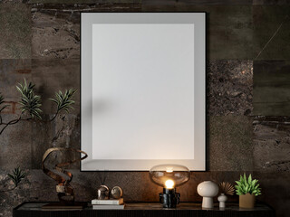 Modern Interior with Blank Poster Frame on Wall, Mockup Design, 3d Rendering