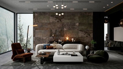 Modern Luxury Living Room Interior with Panoramic Window and Elegant Furniture, 3d Rendering