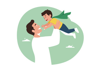 Minimalist flat illustration of father lifting child like a superhero, celebrating Father’s Day with joy, warmth, and green color theme.