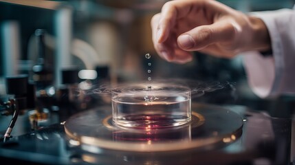 A researcher drops liquid onto a surface in a modern lab, capturing chemical interaction.