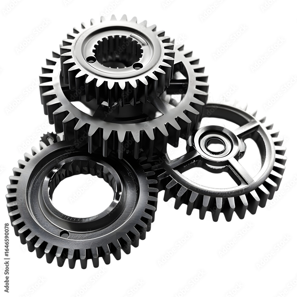Poster close-up of interlocking black gears stacked on top of each other, showcasing mechanical precision