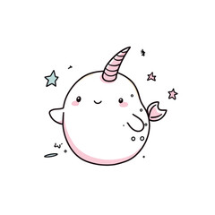 Cartoon Narwhal with Pink Cheeks and Stars Floating Around It © Illahstd
