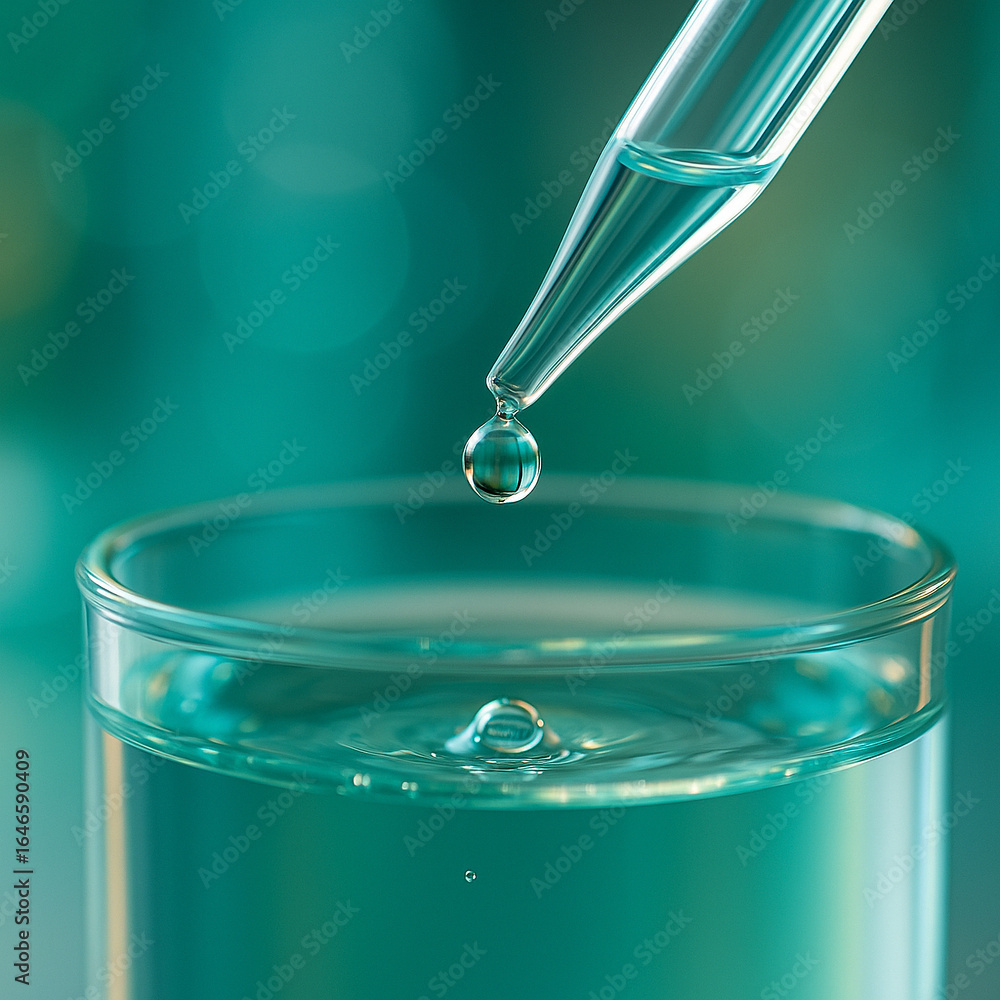 Aufkleber ai generated macro shot of a clear liquid droplet falling from pipette into transparent glass beaker