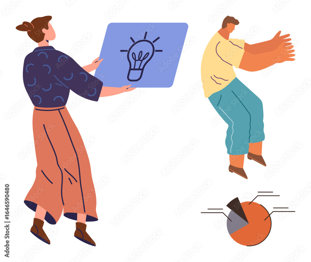 Poster person presenting light bulb idea while another engages dynamically alongside a pie chart. ideal for