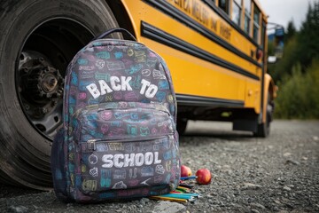 Back to School Scene: A backpack with Back to School inscription placed in front of a yellow school bus, along with school supplies. Capturing the essence of fresh beginnings and academic eagerness.