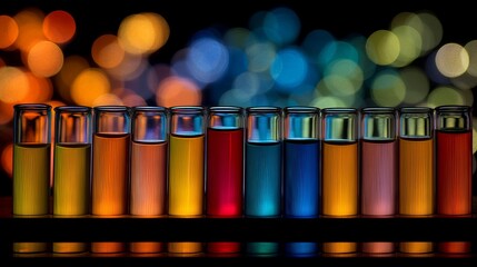 Colorful test tubes filled with vibrant liquids against a soft bokeh background.