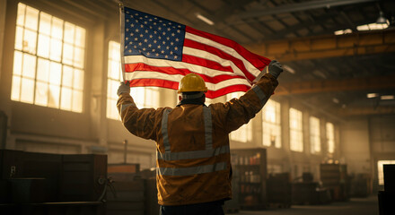 A worker proudly displays the American flag inside a large industrial building.