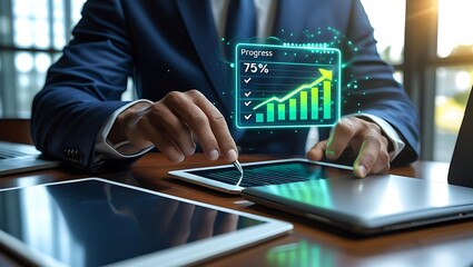 Financial growth analysis on digital tablet interface shows upward trend