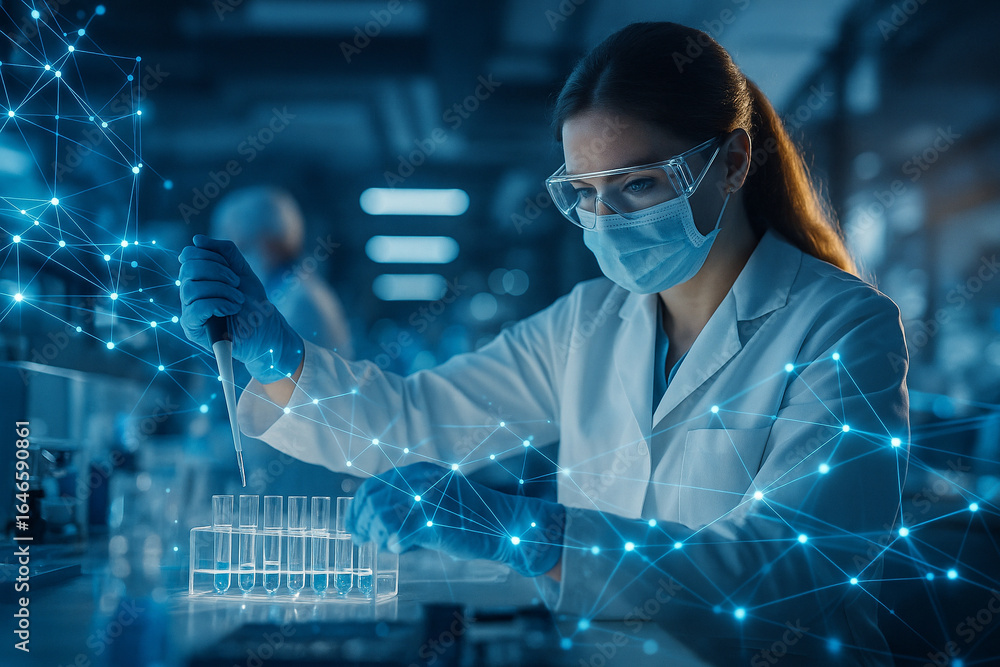 Aufkleber ai generated female scientist wearing mask and safety glasses using pipette in advanced laboratory w