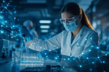AI generated female scientist wearing mask and safety glasses using pipette in advanced laboratory with glowing network lines representing innovation and biotechnology