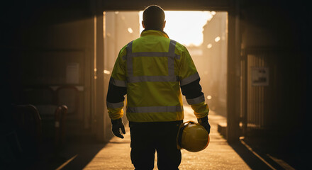 A lone worker in high-visibility clothing exits a dimly lit industrial passage, carrying a hard hat, towards a sunlit street.