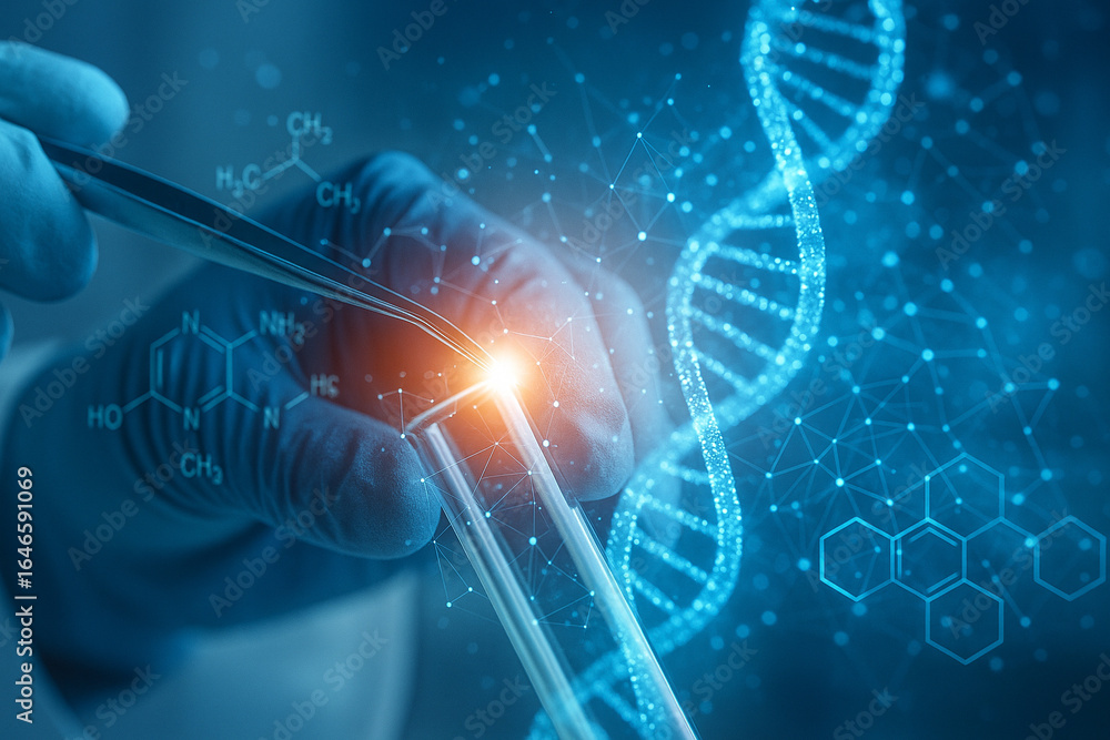 Aufkleber ai generated conceptual image showing gloved hands using tweezers with glowing molecular graphics dn