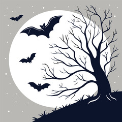 Naklejka premium Silhouette of a spooky tree with bare branches against a full moon with flying bats in the night sky